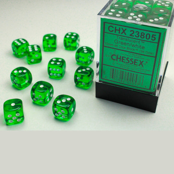Chessex: Translucent Green/white 12mm d6 Dice Block (36 dice)
