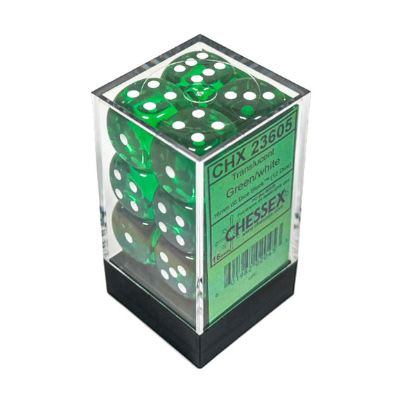 Chessex: Translucent Green/white 16mm d6 Dice Block (12 dice)