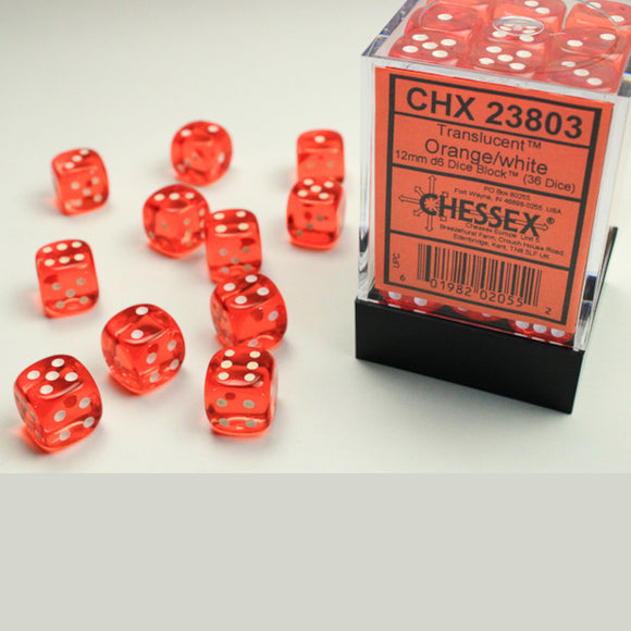 Chessex: Translucent Orange/white 12mm d6 Dice Block (36 dice)