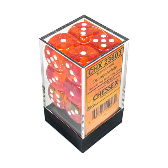 Chessex: Translucent Orange/white 16mm d6 Dice Block (12 dice)
