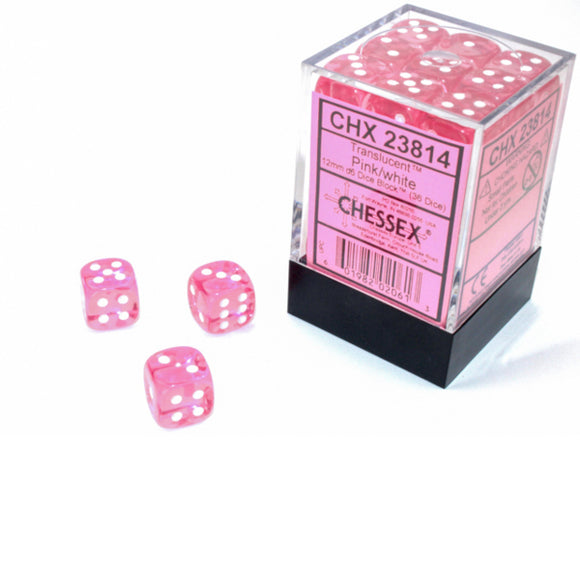 Chessex: Translucent Pink/white 12mm d6 Dice Block (36 dice)