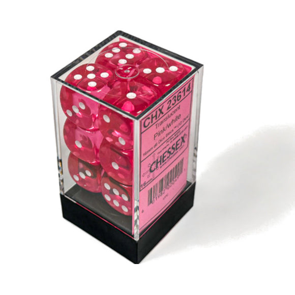Chessex: Translucent Pink/white 16mm d6 Dice Block (12 dice)