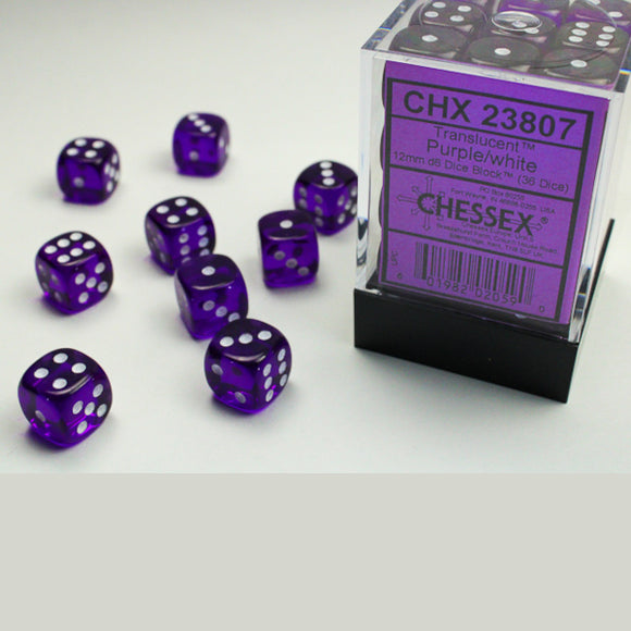 Chessex: Translucent Purple/white 12mm d6 Dice Block (36 dice)