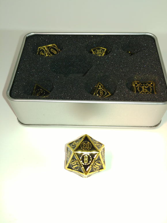 Old School 7 Piece DnD RPG Metal Dice Set: Knights of the Round Table - Black w/ Gold