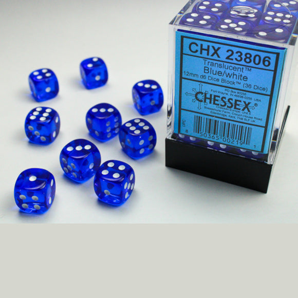 Chessex: Translucent Blue/white 12mm d6 Dice Block (36 dice)