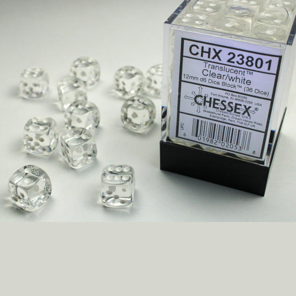 Chessex: Translucent Clear/white 12mm d6 Dice Block (36 dice)