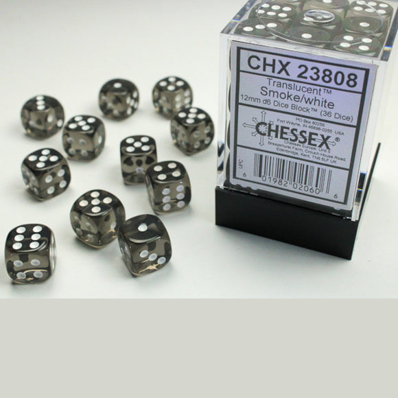 Chessex: Translucent Smoke/white 12mm d6 Dice Block (36 dice)