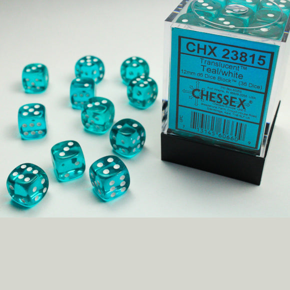 Chessex: Translucent Teal/white 12mm d6 Dice Block (36 dice)