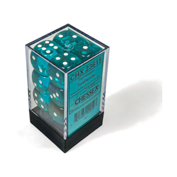 Chessex: Translucent Teal/white 16mm d6 Dice Block (12 dice)
