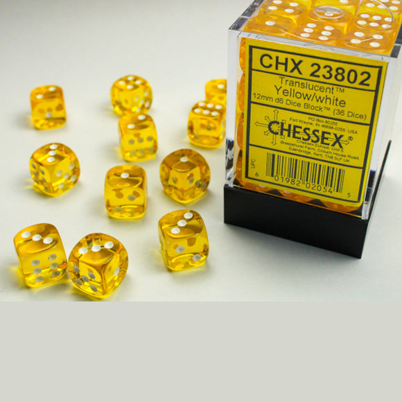 Chessex: Translucent Yellow/white 12mm d6 Dice Block (36 dice)