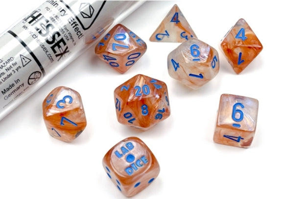 Borealis Rose Gold/light blue Luminary Polyhedral 7-Dice Set (with bonus die)