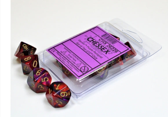 Gemini Purple-Red/gold Set of Ten d10s