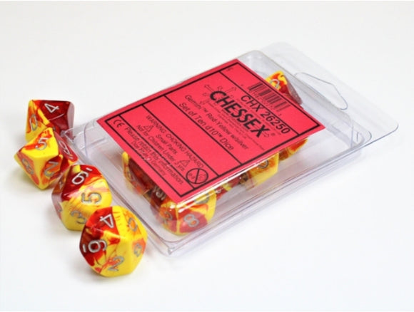 Gemini Red-Yellow/silver Set of Ten d10s