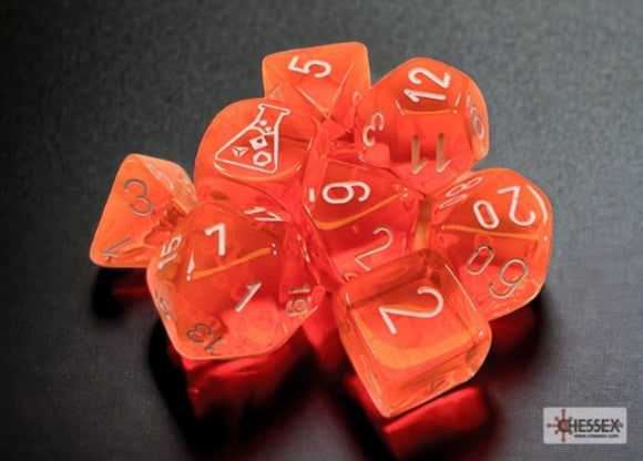 Translucent Neon Orange/white Polyhedral 7-Dice Set (with bonus die)