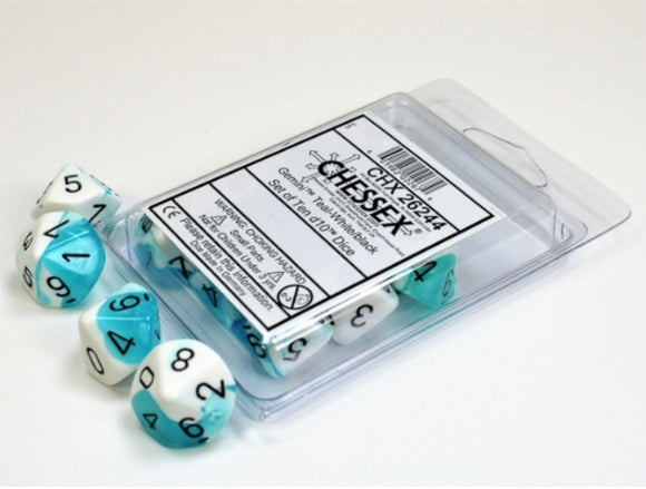 Gemini Teal-White/black Set of Ten d10s