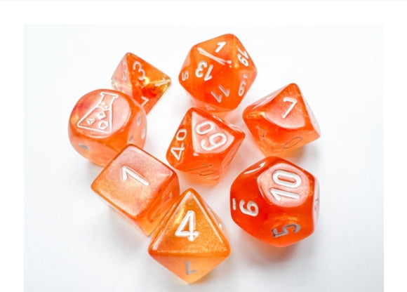 Borealis Blood Orange/white Luminary Polyhedral 7-Dice Set (with bonus die)