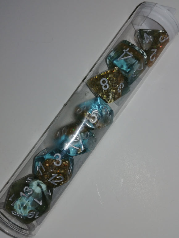 Old School 7 Piece DnD RPG Dice Set: Infused - Beach Party - Sunken Treasure