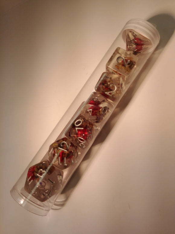 Old  School 7 Piece DnD RPG Dice Set: Infused - Red Flower