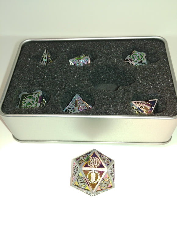 Old School 7 Piece DnD RPG Metal Dice Set: Knights of the Round Table - Spectral w/ Silver