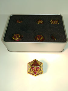 Old School 7 Piece DnD RPG Metal Dice Set: Knights of the Round Table - Red w/ Gold