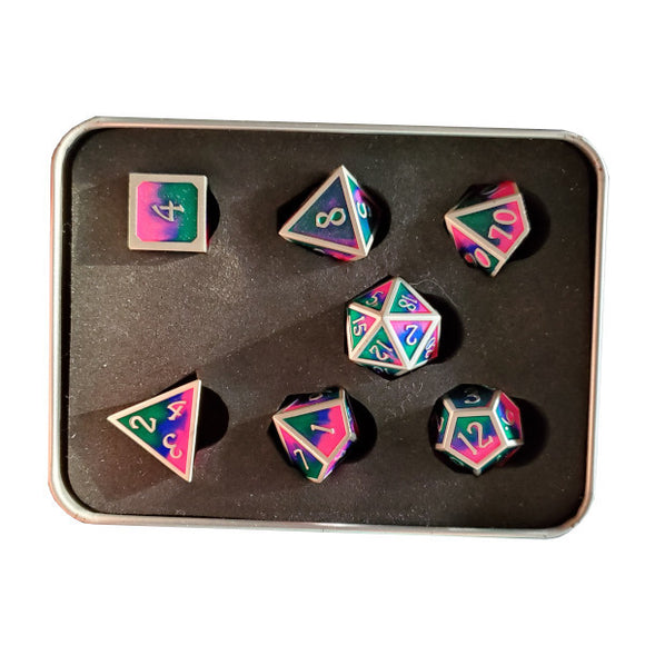 Polyhedral 7 Metal Dice Set - Blue/Pink/Green/Gold