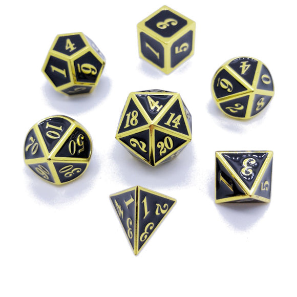 Metal Polyhedral Dice Set of 7 w/ Case - Black and Gold