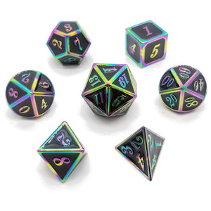 Metal Polyhedral Dice Set of 7 w/ Case - Black with Rainbow Hue