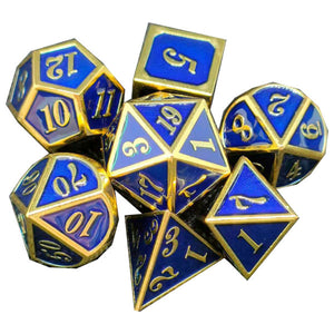 Metal Polyhedral Dice Set of 7 w/ Case - Blue and Gold