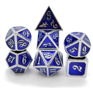 Metal Polyhedral Dice Set of 7 w/ Case - Blue and Silver