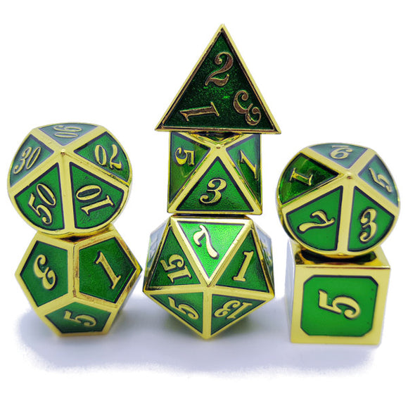 Metal Polyhedral Dice Set of 7 w/ Case - Green and Gold
