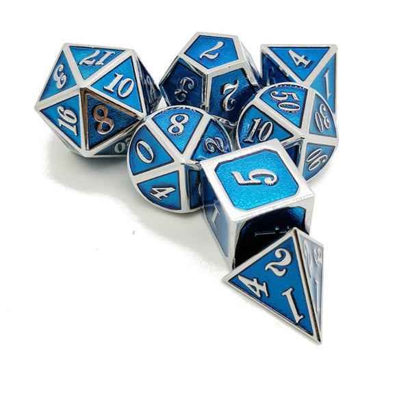 Metal Polyhedral Dice Set of 7 w/ Case - Light Blue and Silver