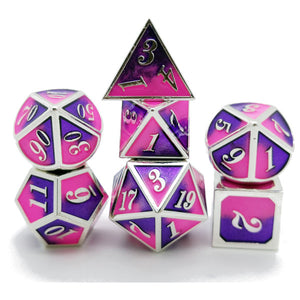 Metal Polyhedral Dice Set of 7 w/ Case - Pink, Purple and Silver