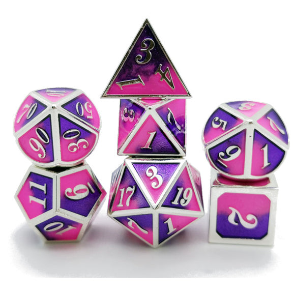 Metal Polyhedral Dice Set of 7 w/ Case - Pink, Purple and Silver