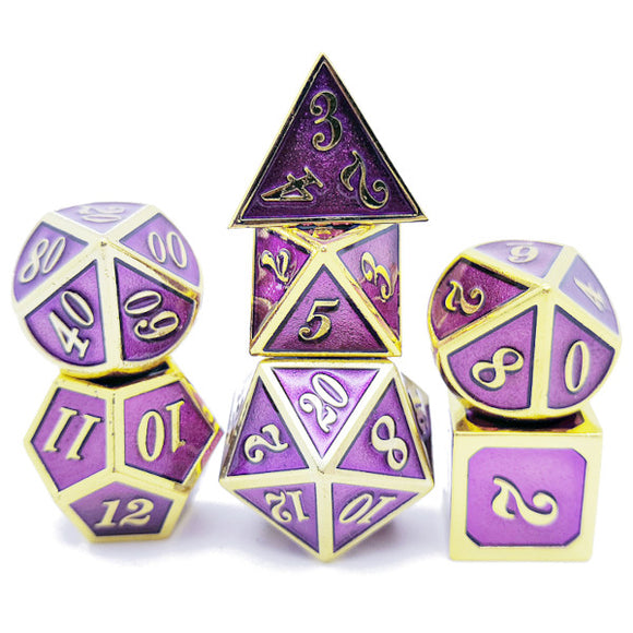 Metal Polyhedral Dice Set of 7 w/ Case - Purple and Gold