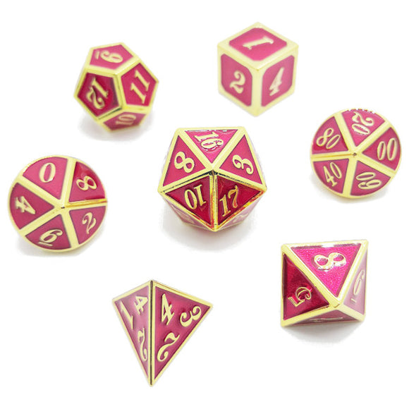 Metal Polyhedral Dice Set of 7 w/ Case - Red and Gold