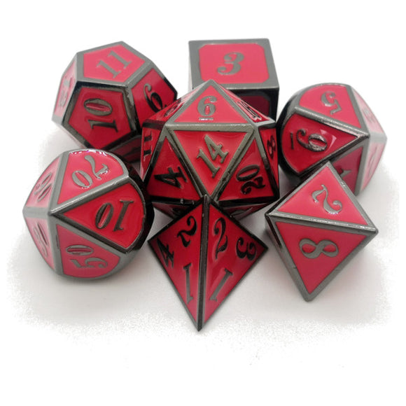 Metal Polyhedral Dice Set of 7 w/ Case - Red and Silver