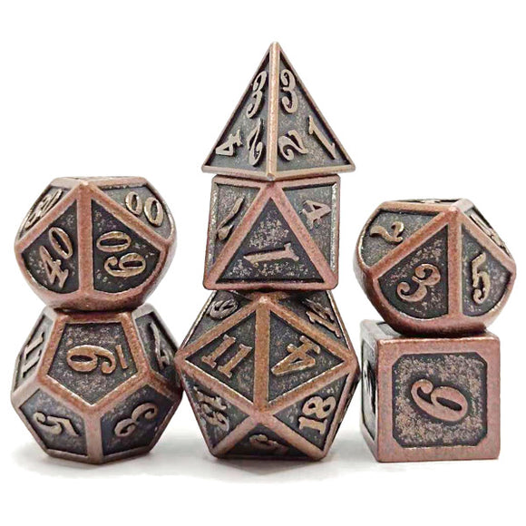 Metal Polyhedral Dice Set of 7 w/ Case - Rustic Copper
