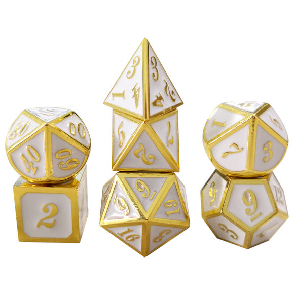 Metal Polyhedral Dice Set of 7 w/ Case - White and Gold