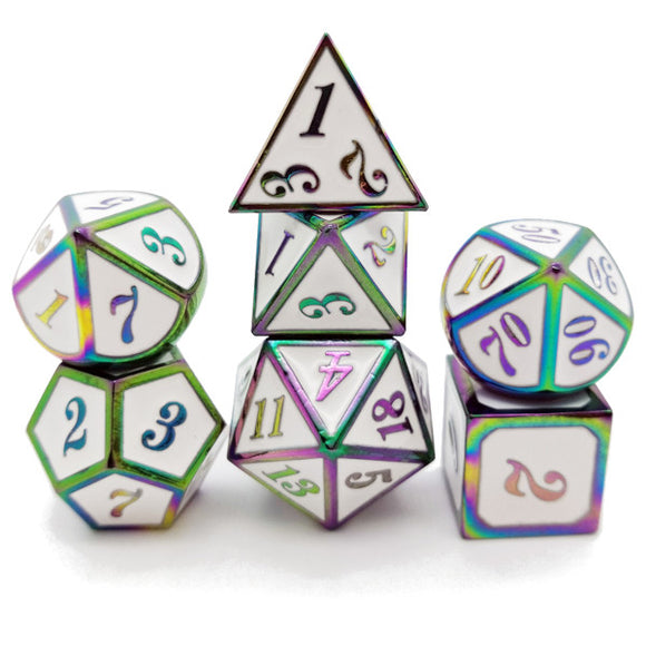 Metal Polyhedral Dice Set of 7 w/ Case - White with Rainbow Hue