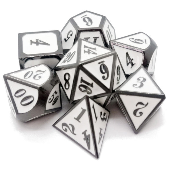 Metal Polyhedral Dice Set of 7 w/ Case - White and Silver